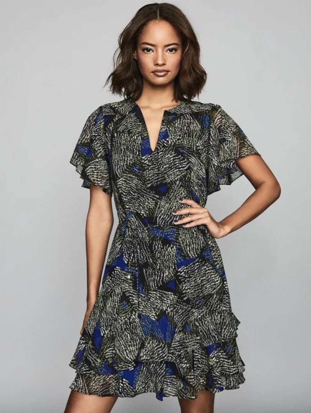 Reiss Sophie Blue Green Jungle Printed Mini Dress
